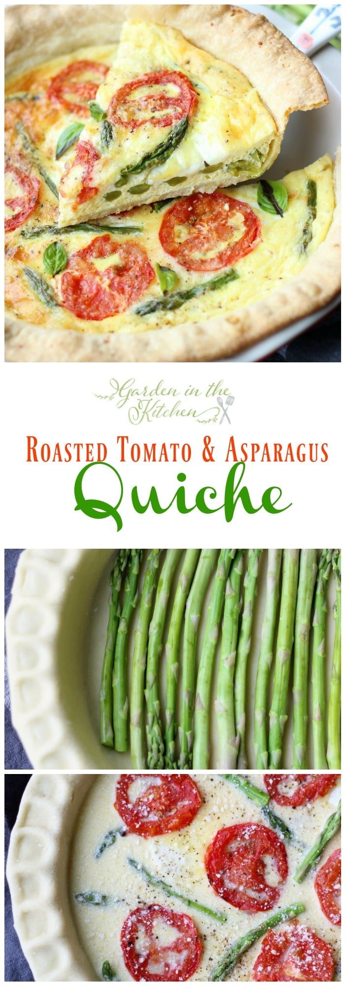 This savory roasted tomato and asparagus quiche has the best flavors of summer. A simple and easy dish you can make for breakfast, lunch or dinner! gardeninthekitchen.com