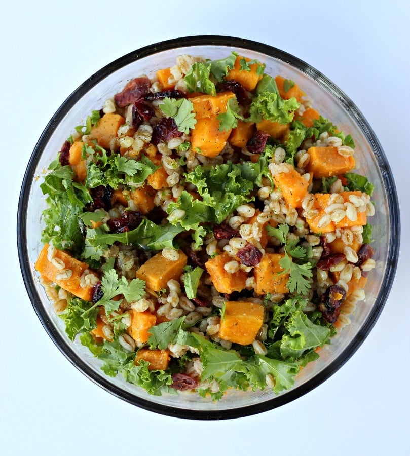 Vegan, Gluten-free (V + GF) Sweet Potato, Kale and Ferro Salad with Citrus Vinaigrette makes for a delicious and healthy salad for a weeknight meal | gardeninthekitchen.com