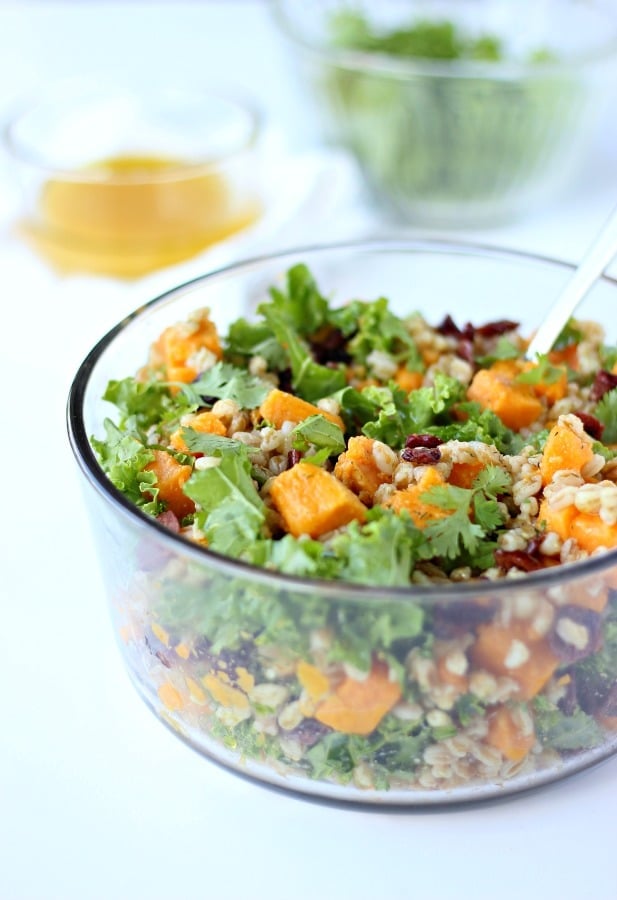 Vegan, Gluten-free (V + GF) Sweet Potato, Kale and Ferro Salad with Citrus Vinaigrette makes for a delicious and healthy salad for a weeknight meal | gardeninthekitchen.com
