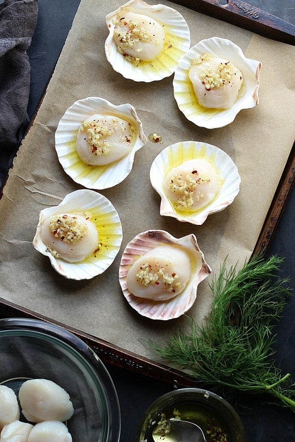 Raw sea scallops in shell, seasoned with garlic chili oil in baking sheet with parchment paper. Fresh dill on the table. 