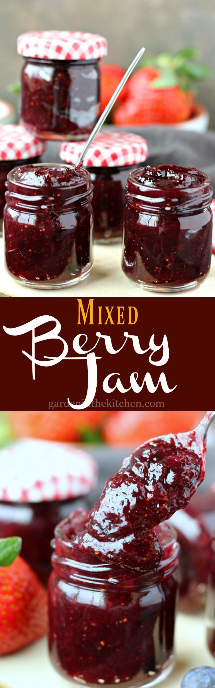 Rhubarb Berry Jam, spoon, mason jar, strawberry, blueberry