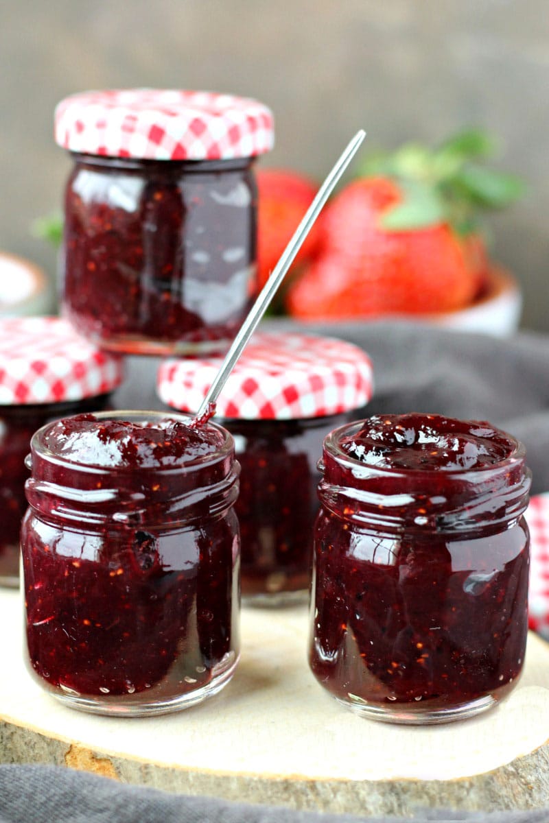 Rhubarb Berry Jam, mason jars, strawberries, spoon
