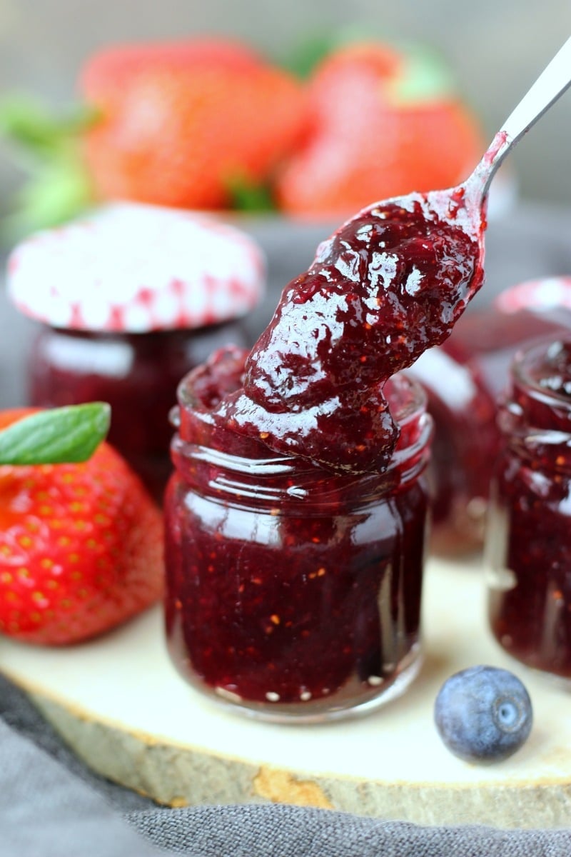 Rhubarb Berry Jam, spoon, strawberry, blueberry