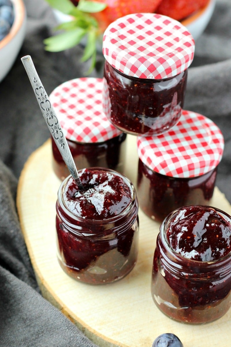 Rhubarb Berry Jam, mason jars, spoon, blueberry