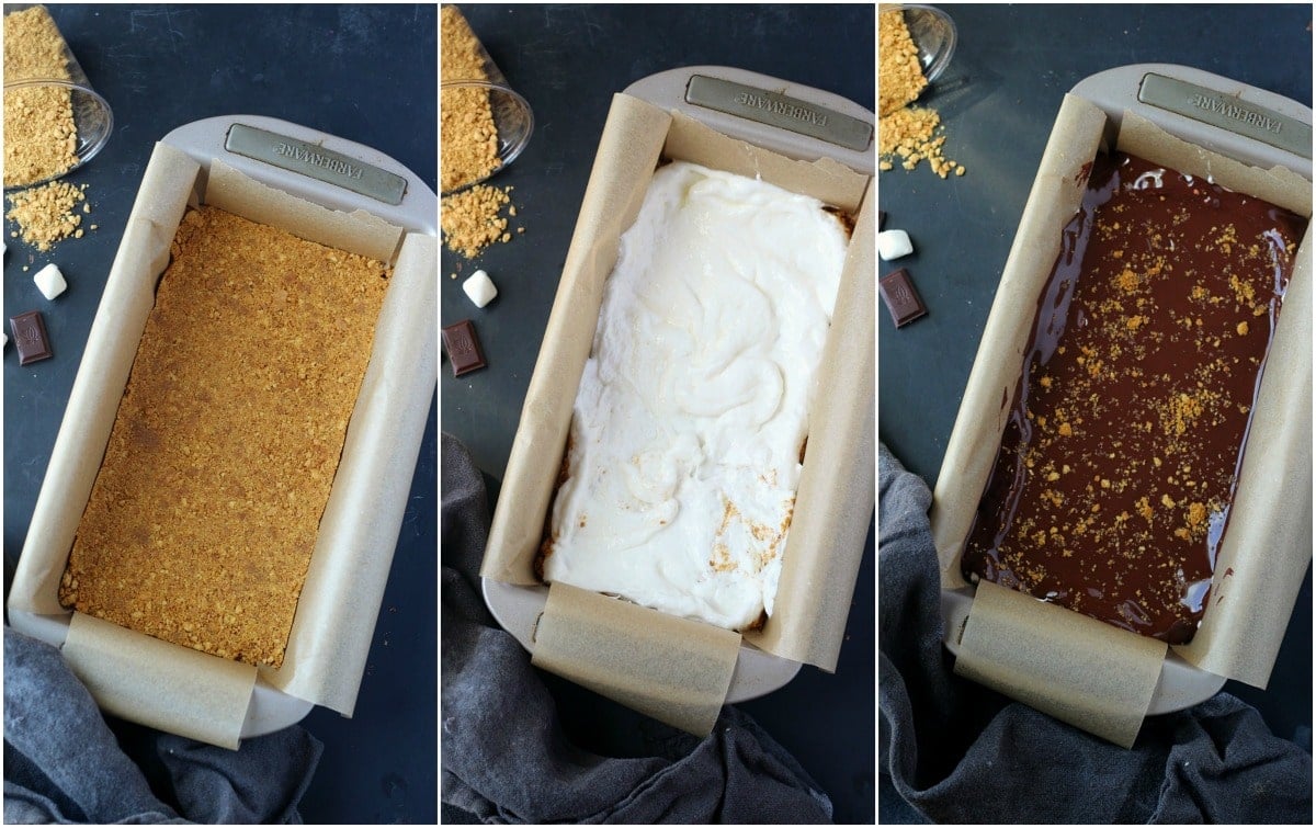 A photo collage showing a layer of crushed graham crackers, a second layer of marshmallow fluff and a top layer of melted chocolate. 