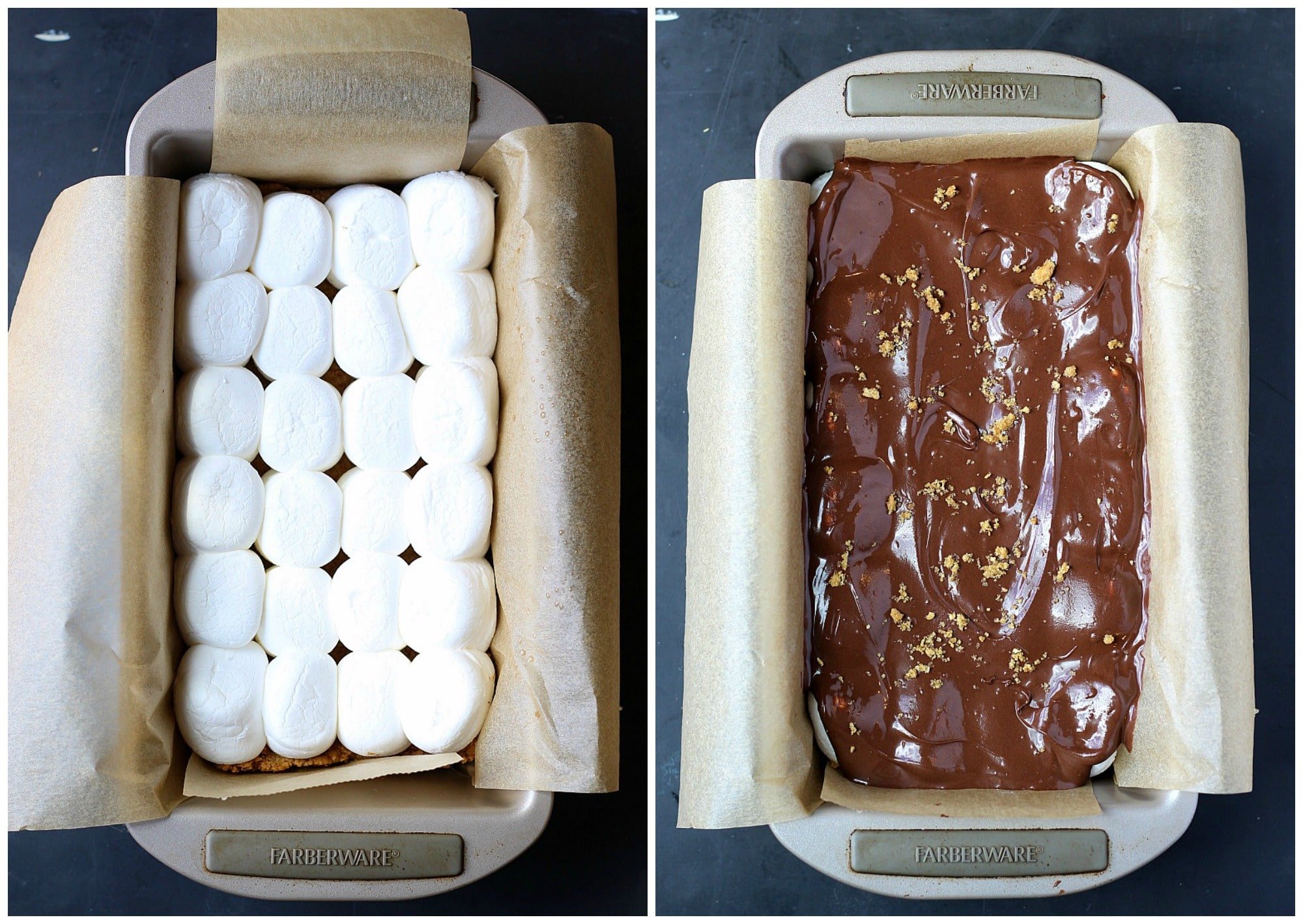 Two baking pans, one showing a layer of marshmallows and a second pan with a top layer of chocolate. 