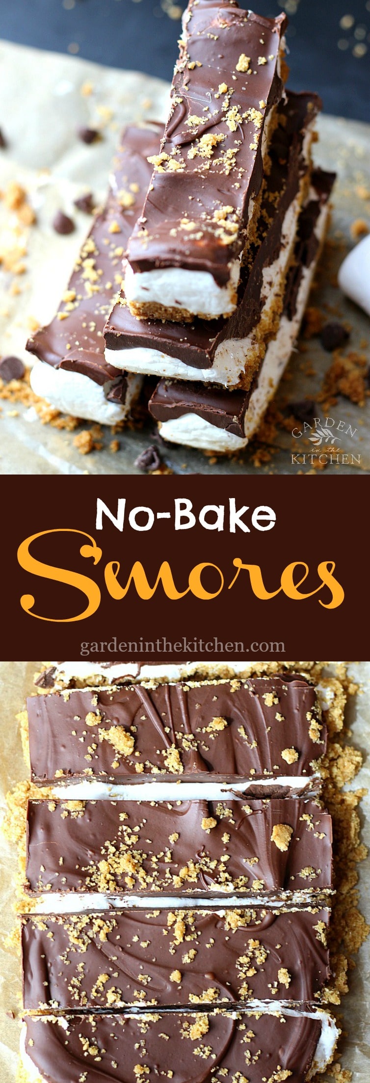No-Bake S’mores Bars with chocolate marshmallow fluff and graham crackers.