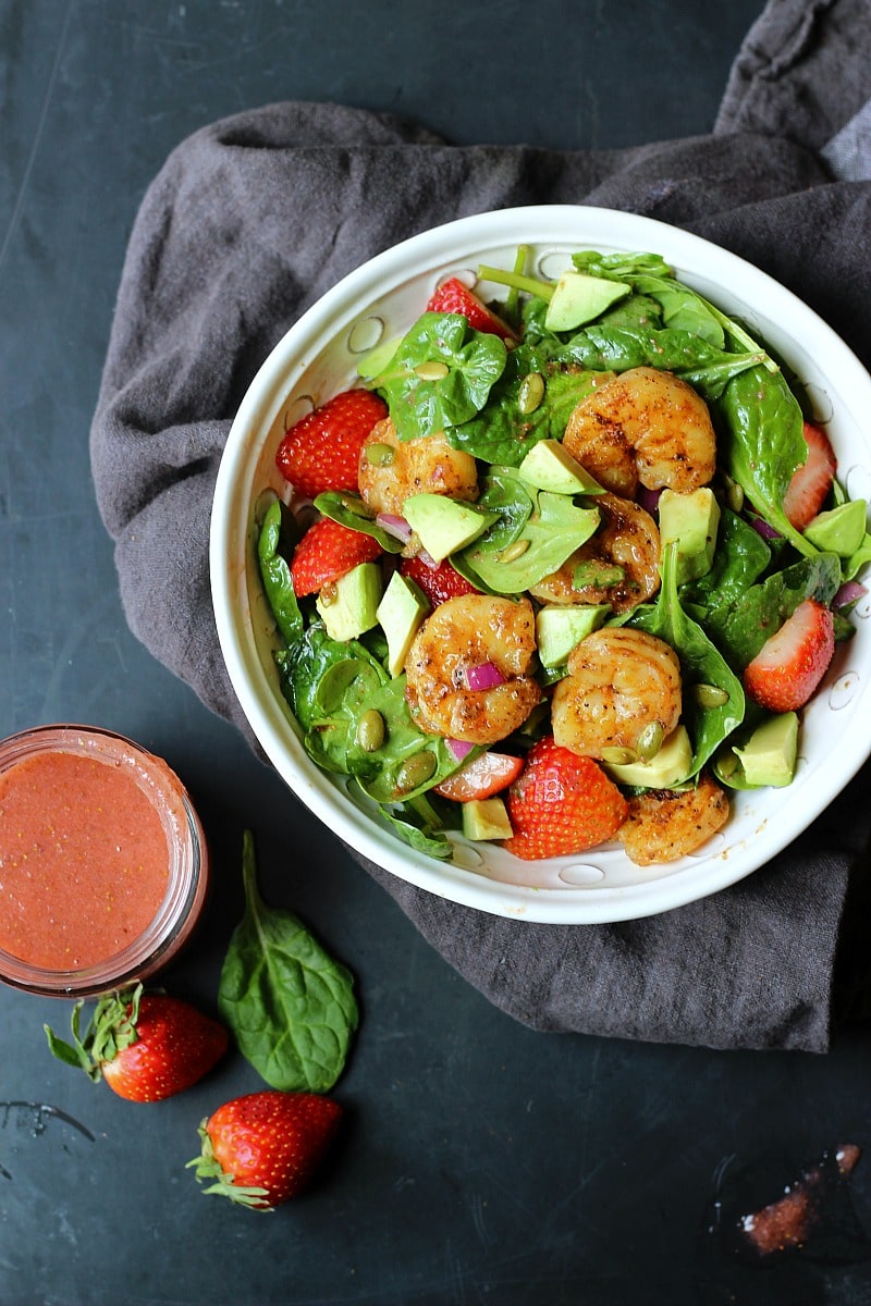 Strawberry Avocado Spinach Salad with Shrimp  gardeninthekitchen com