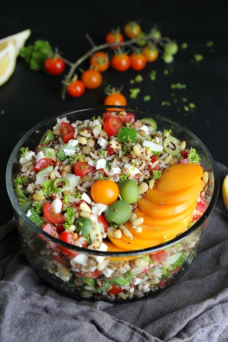 Mediterranean Lentil Quinoa Rice Salad | Garden in Kitchen