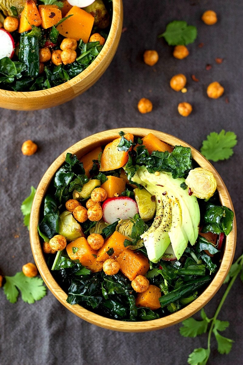 Roasted Brussels and Butternut Squash Kale Salad | Garden in the Kitchen 