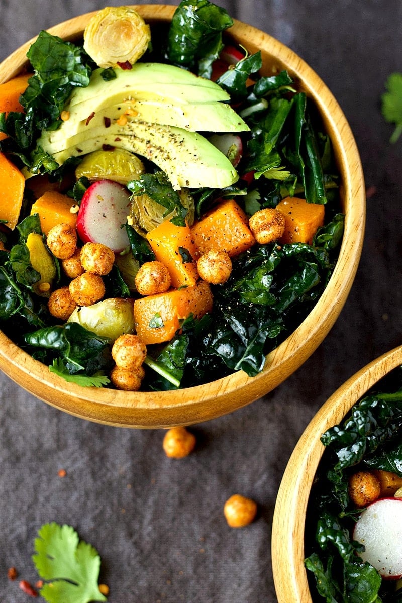 Roasted Brussels and Butternut Squash Kale Salad | Garden in the Kitchen 