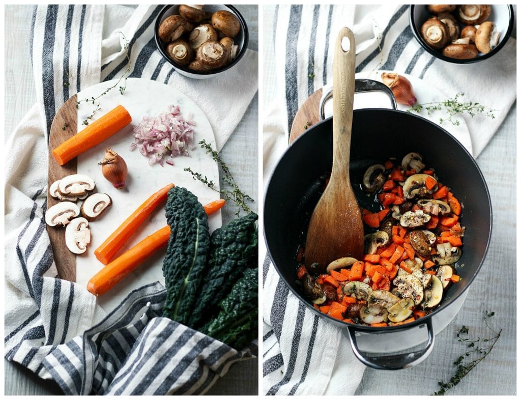 Carrots, mushroom, onions in a chopping board and then in a pot