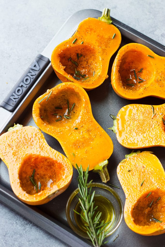 Squash in a sheetpan with rosemary