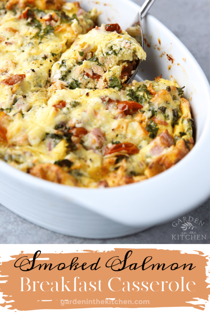Smoked Salmon Breakfast Casserole with a serving spoon scooping a portion