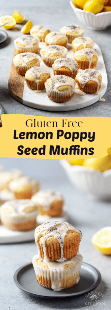 Gluten-Free Lemon Poppy Seed Muffins on a chopping board with two muffins placed on a stack. All muffins with icing and poppy seeds.