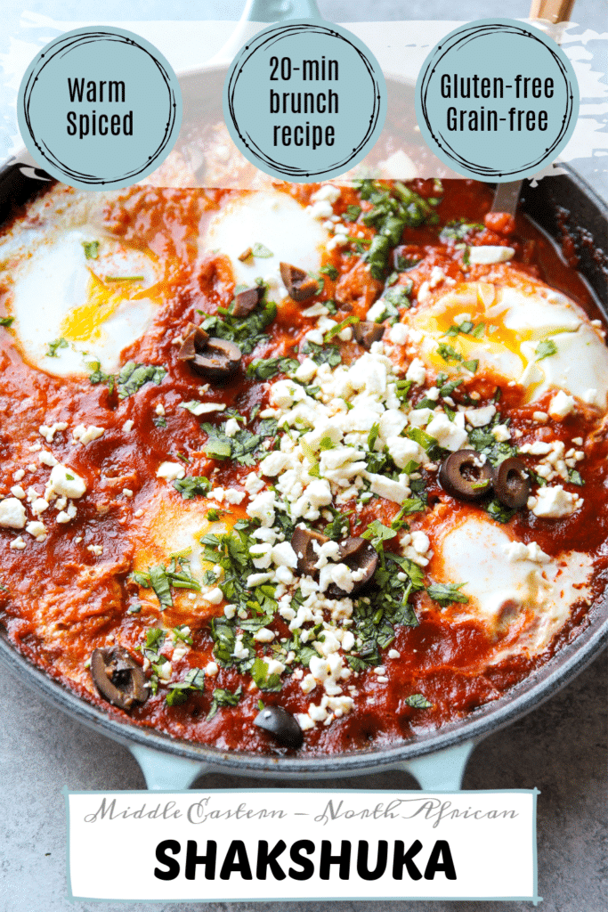 Shakshuka with feta cheese consists of poached eggs in a rich tomato-based mixture