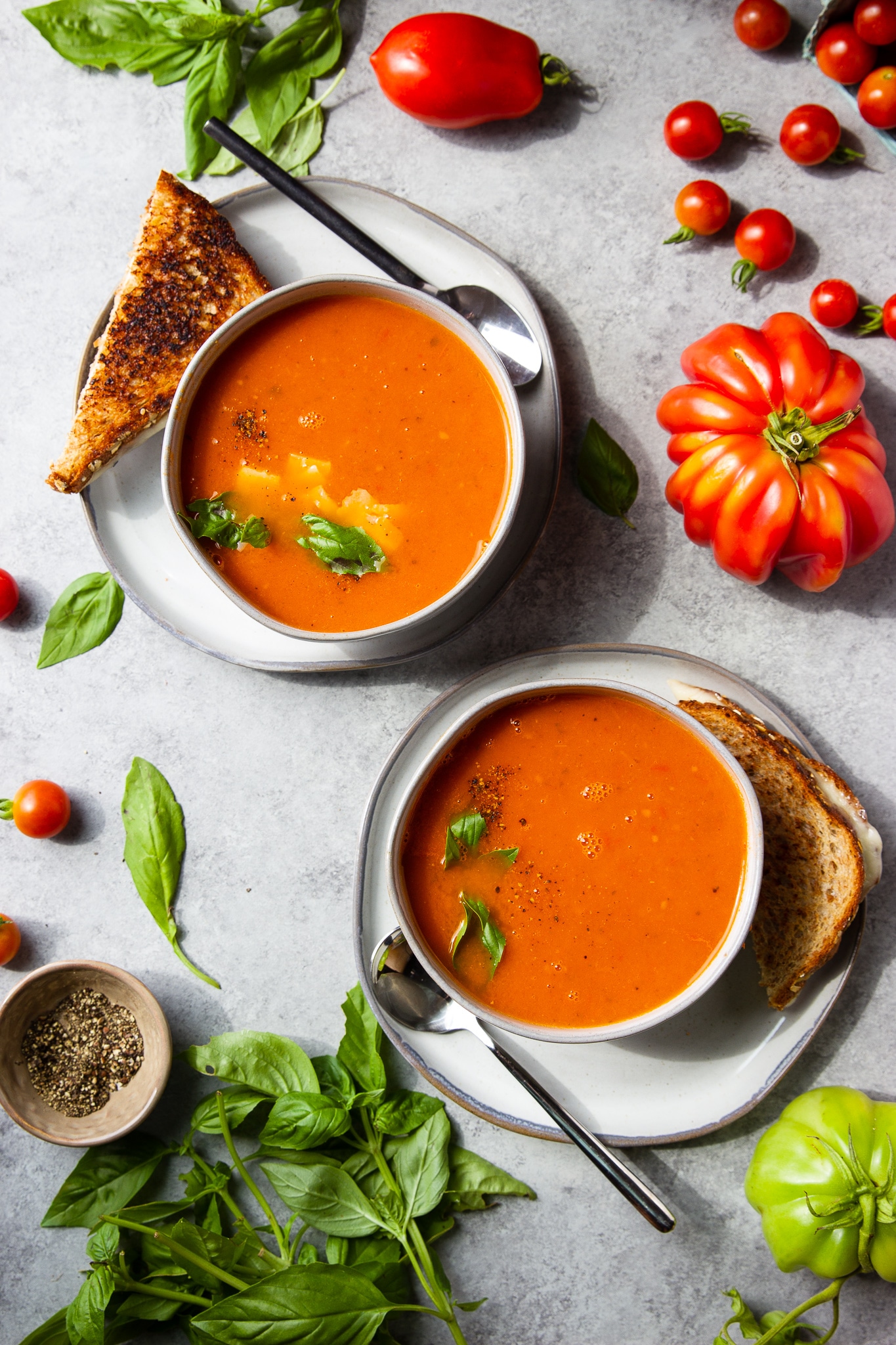 instant pot tomato soup, tomatoes, grilled cheese, basil
