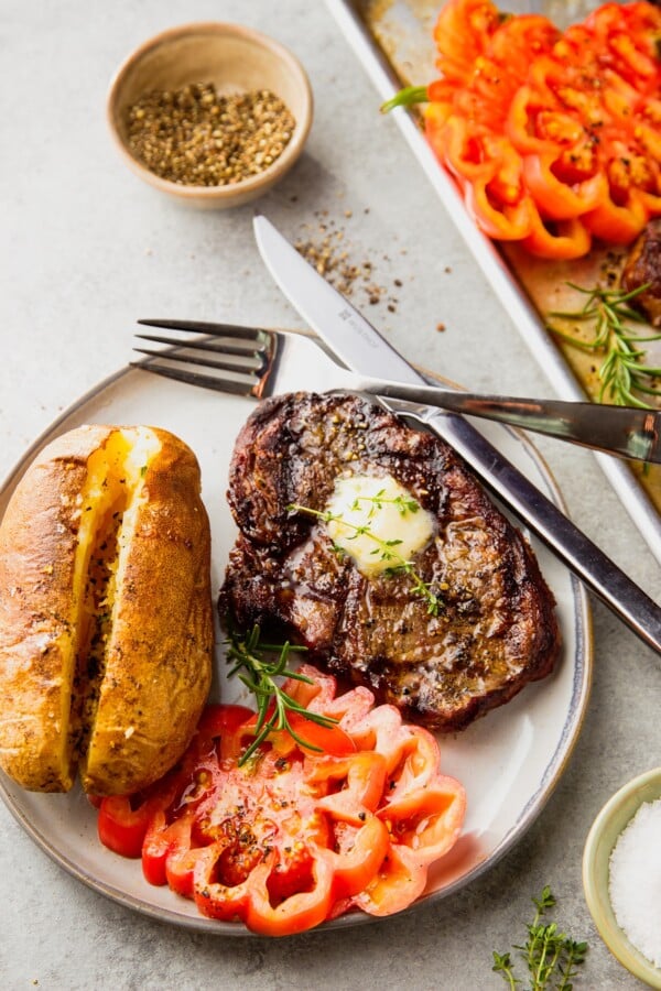 grilled steak with baked potato