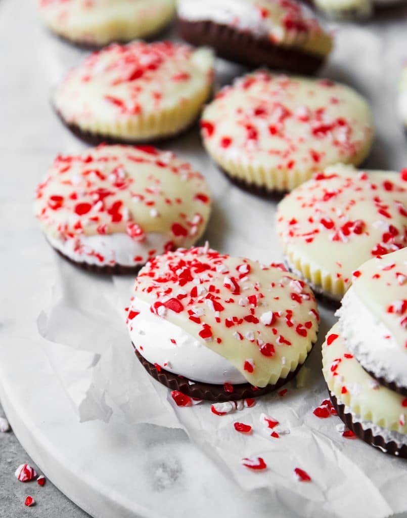 White chocolate marshmallow cups with peppermint sprinkles.