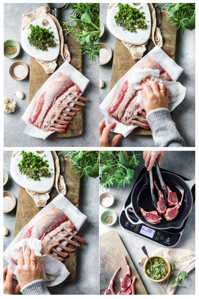 4 images showing the process of drying and searing lamb chops.