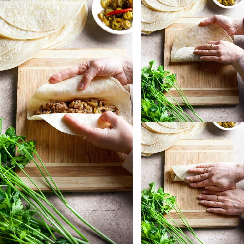3 images showing to fold beef-stuffed tortillas.
