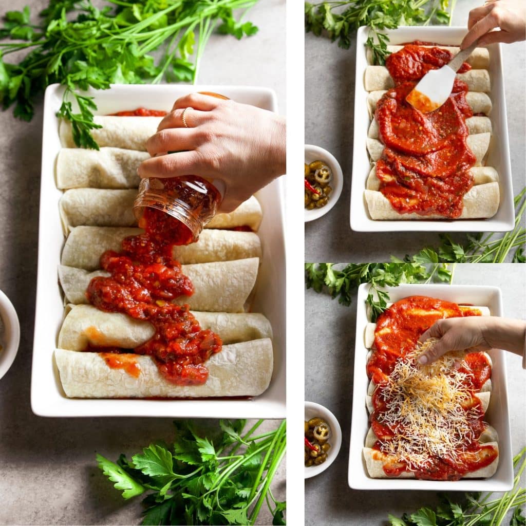 3 images showing how to pour and spread tomato sauce on top of a row of enchiladas in a white baking dish.