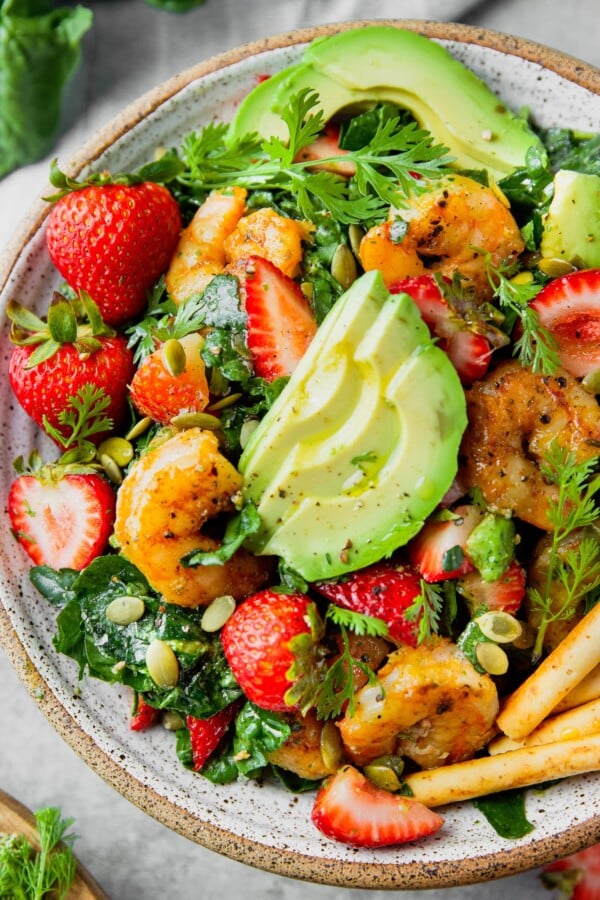 Strawberry Avocado Spinach Salad with Shrimp