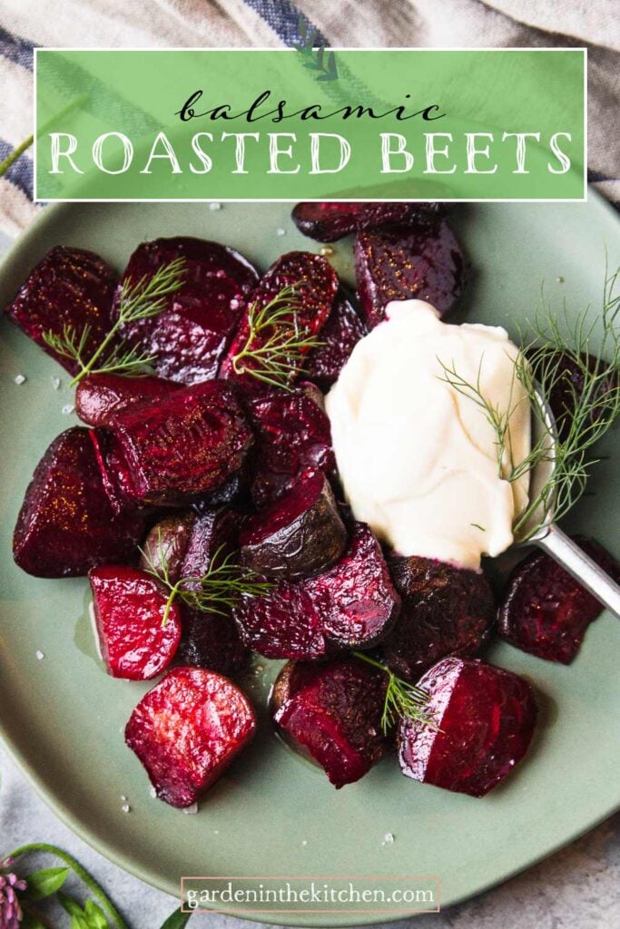 Balsamic roasted beets on a plate, topped with yogurt and fresh dill