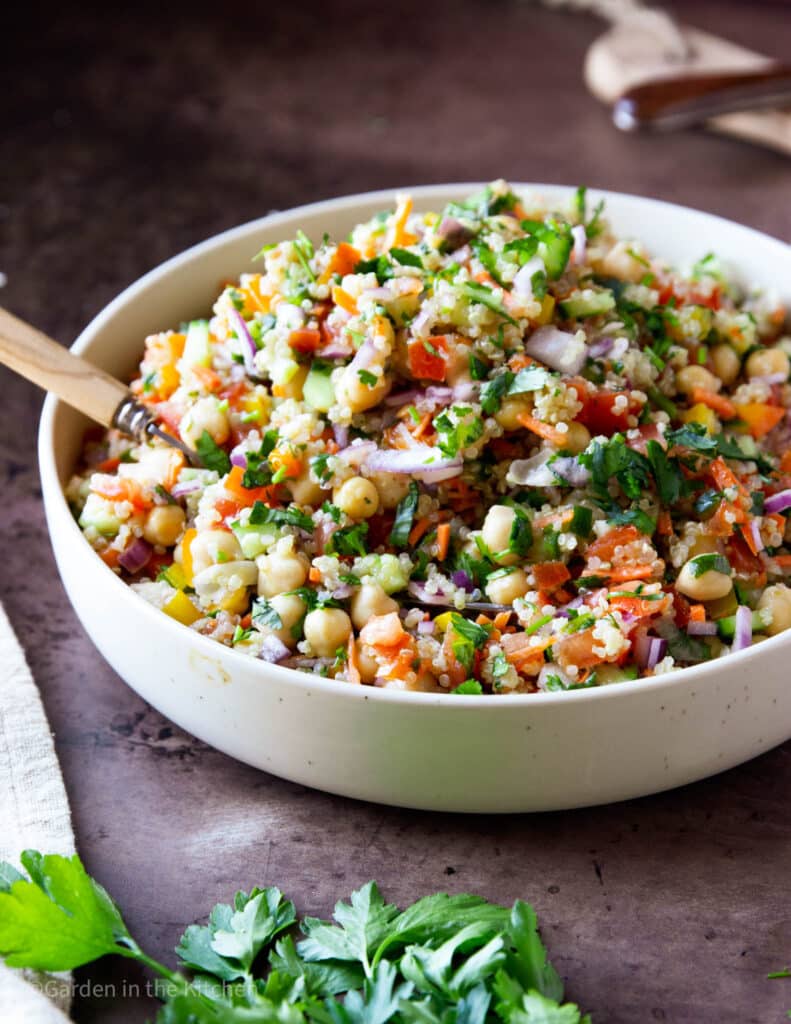 This healthy, 30-minute Quinoa Chickpea Salad features tastes and textures that are delicious and distinctly Mediterranean
