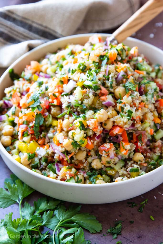 This healthy, 30-minute Quinoa Chickpea Salad features tastes and textures that are delicious and distinctly Mediterranean
