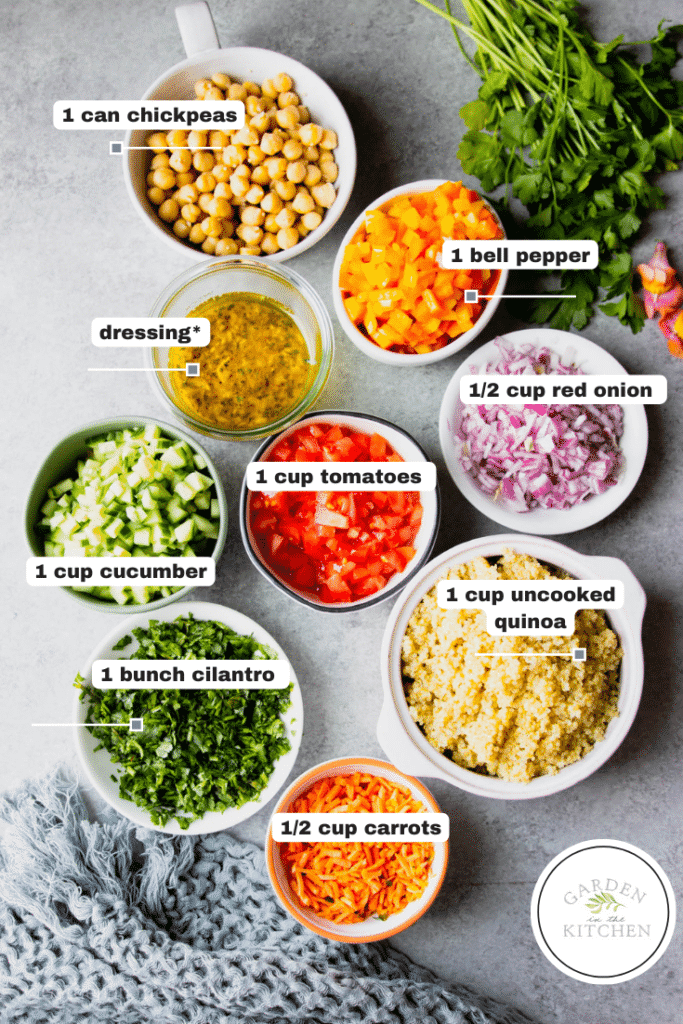 Ingredients for a healthy Mediterranean Quinoa Chickpea Salad 