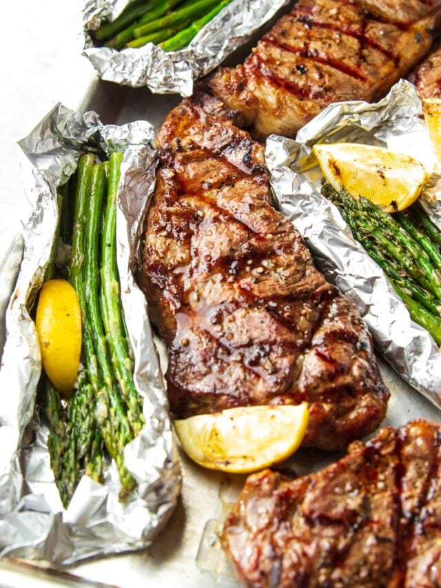 New York Strip Steak with Grilled Asparagus in Foil