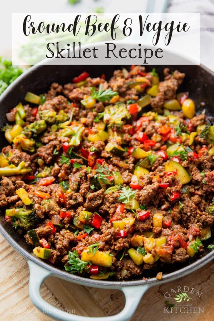Healthy low carb beef skillet and veggies topped with fresh herbs. 