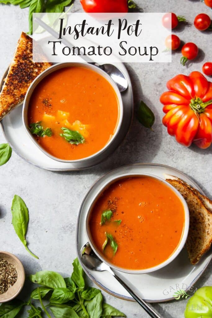 Two bowls of tomato soup sitting on a plate served with a grilled cheese sandwich. Fresh tomatoes and basil on the table. 
