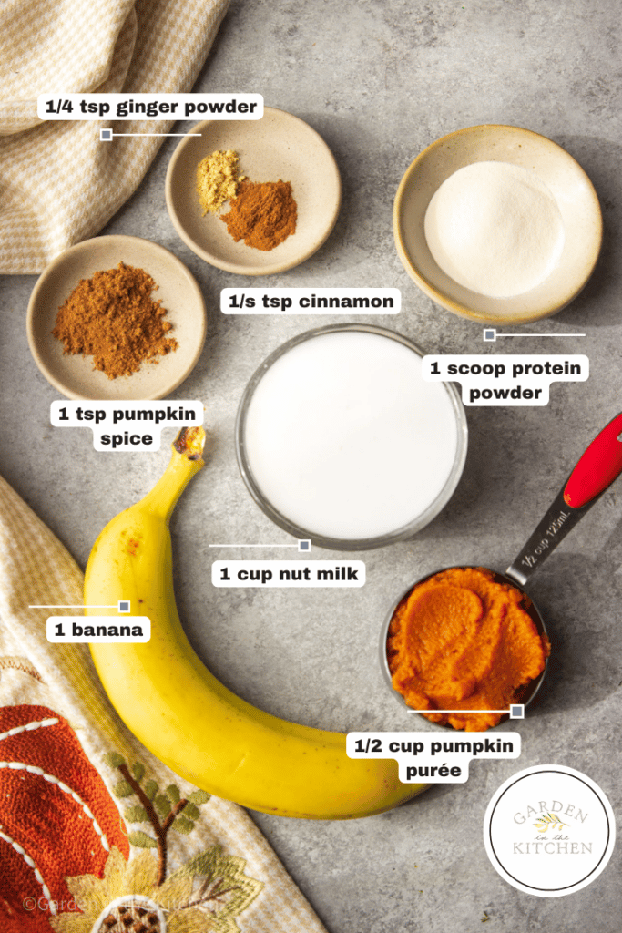 Ingredients to make a pumpkin spice protein shake measured in small cups and pinch bowls. 
