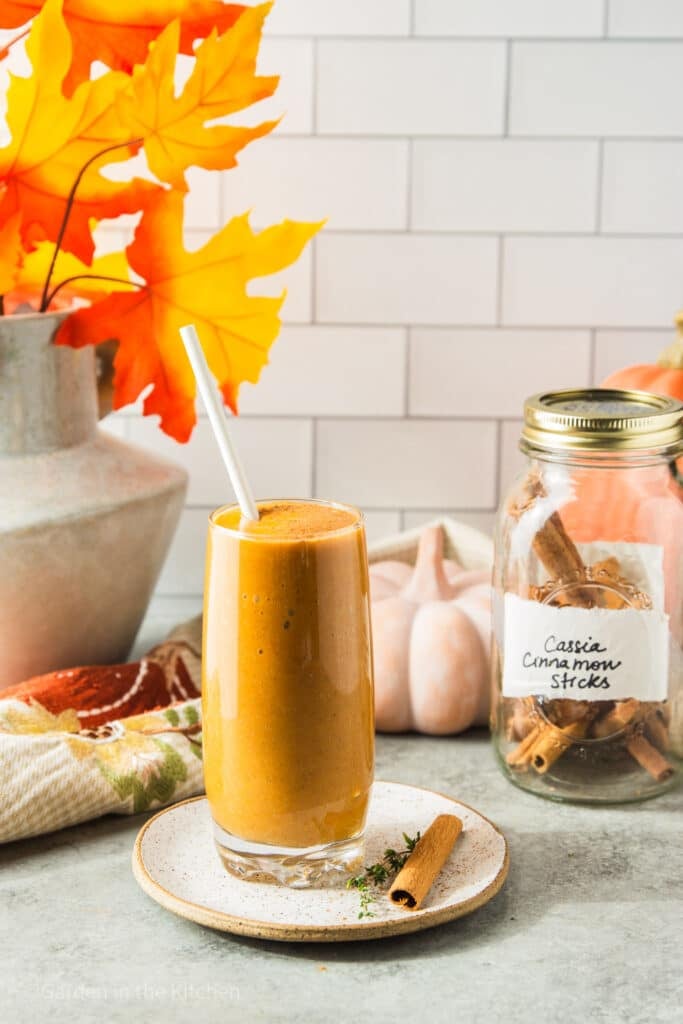 Pumpkin spice protein shake in a tall glass, sitting on a plate with a cinnamon stick and fresh thyme. In the background a mason jar labeled cinnamon sticks. Fall decorations including leaves and a pumpkin.