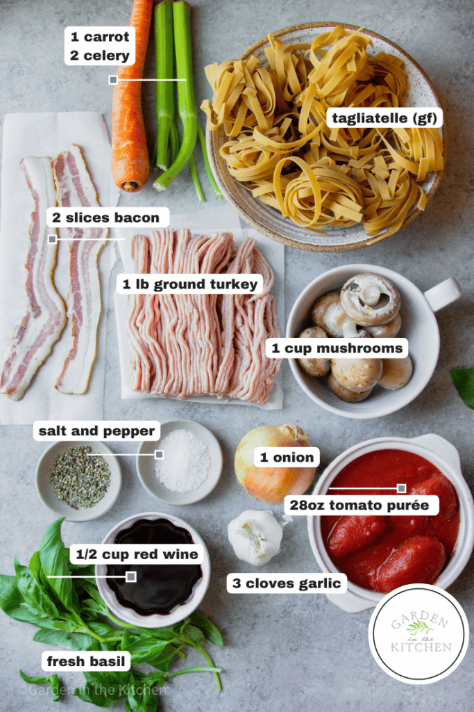 Measured ingredients for ground turkey ragu recipe.
