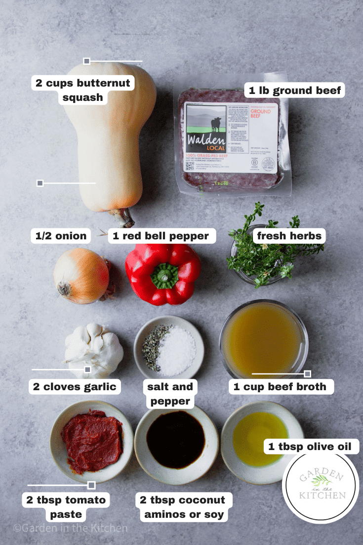 Measured ingredients for ground beef butternut squash skillet.