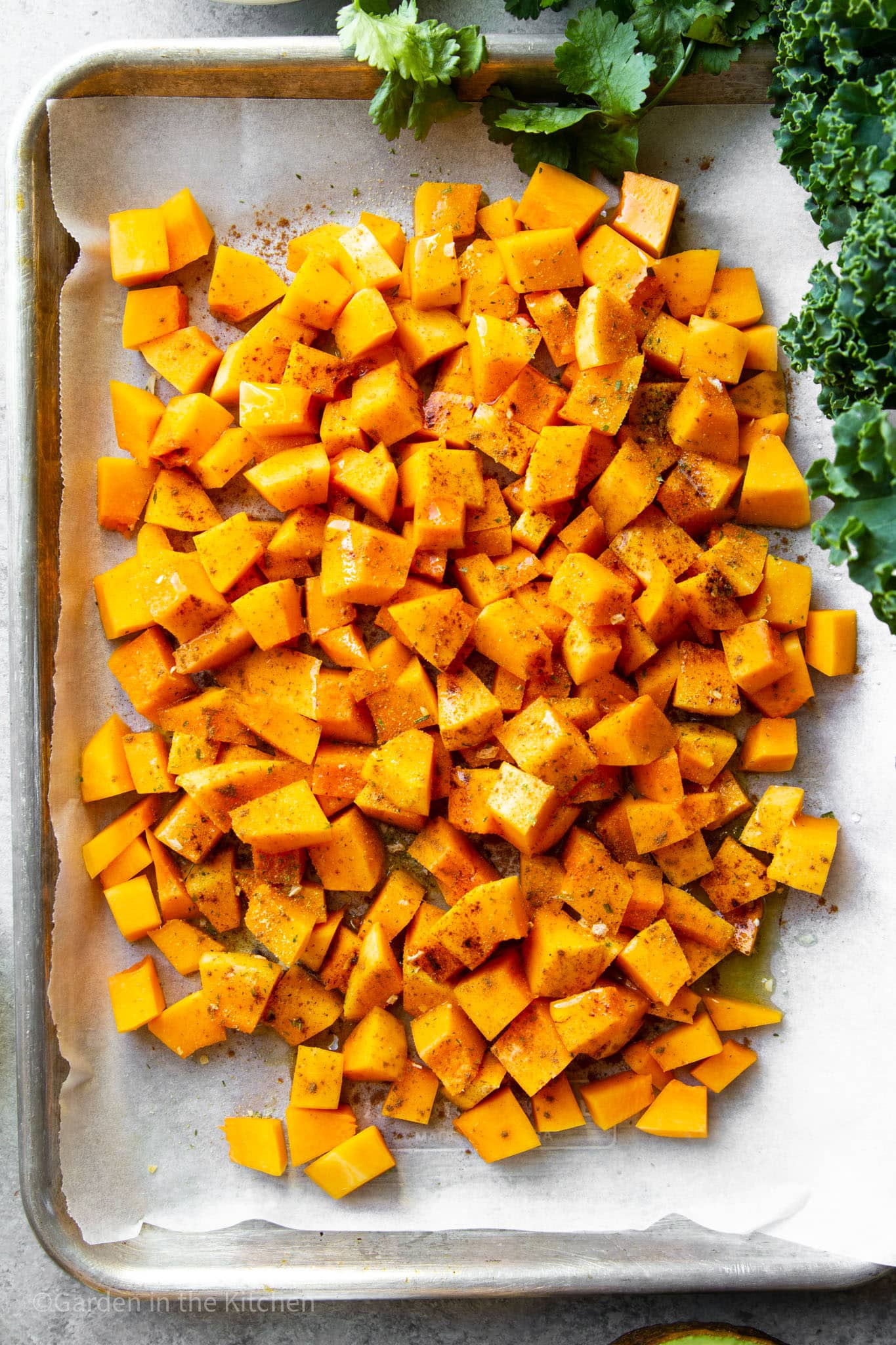 Butternut squash cubed and seasoned with cinnamon on a sheet pan with parchment paper. 