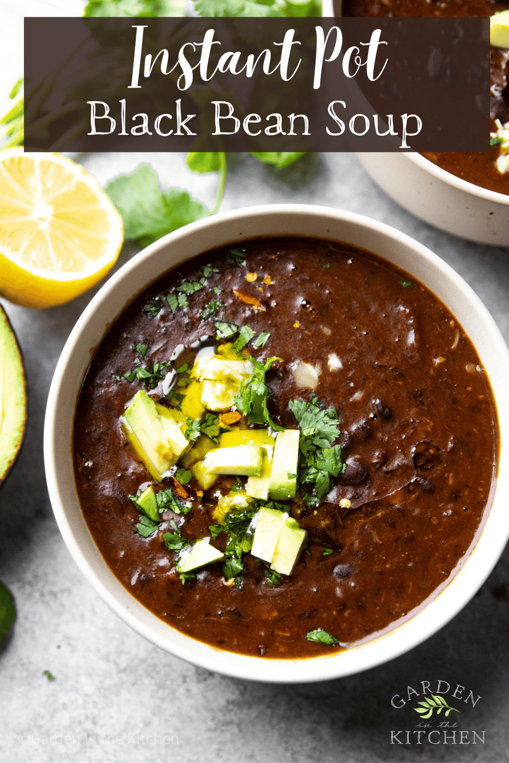 A bowl of black bean soup topped with avocado, cilantro and pepper flakes. 
