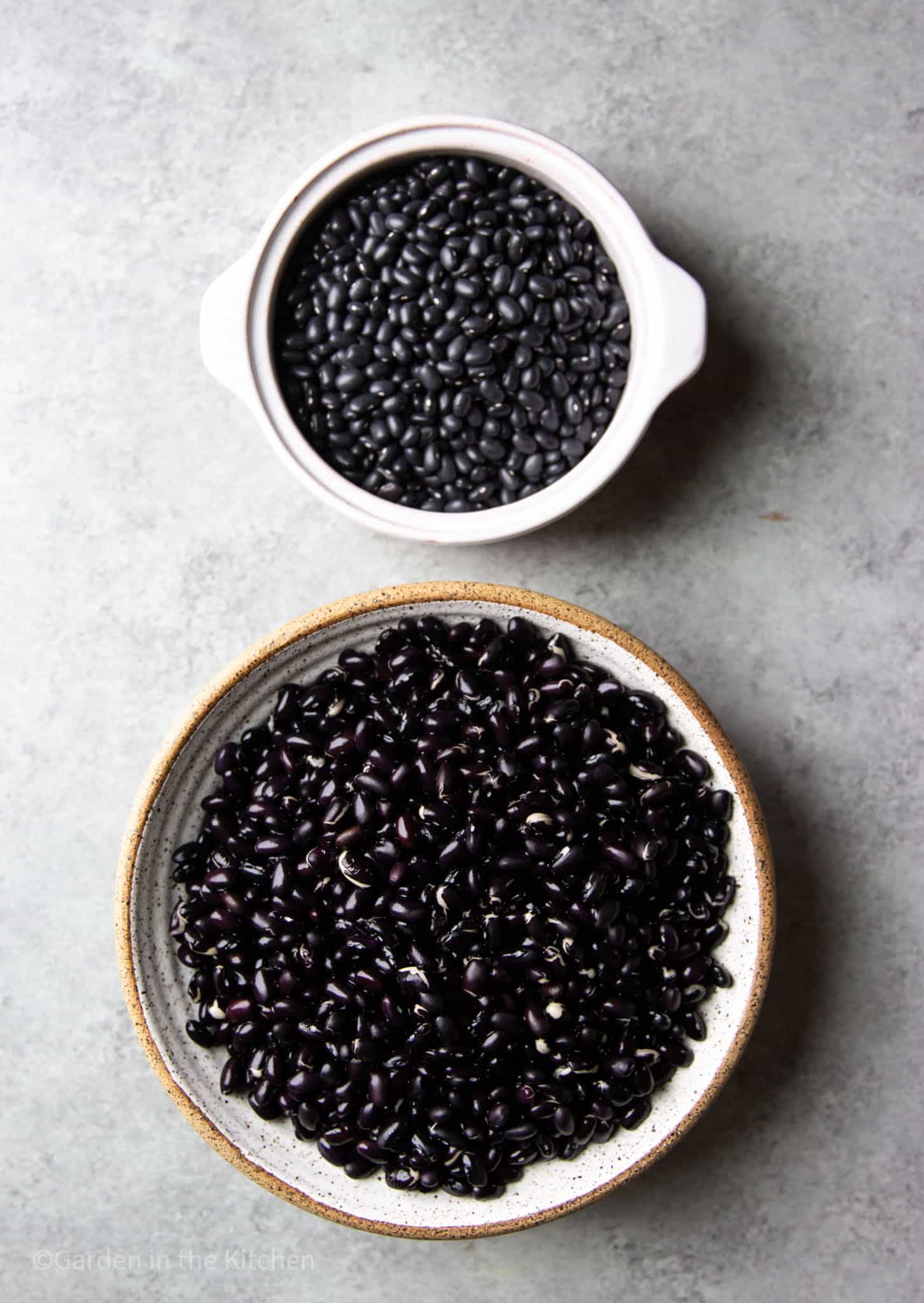 dried black beans in a white bowl next to a large bowl full of soaked black beans.