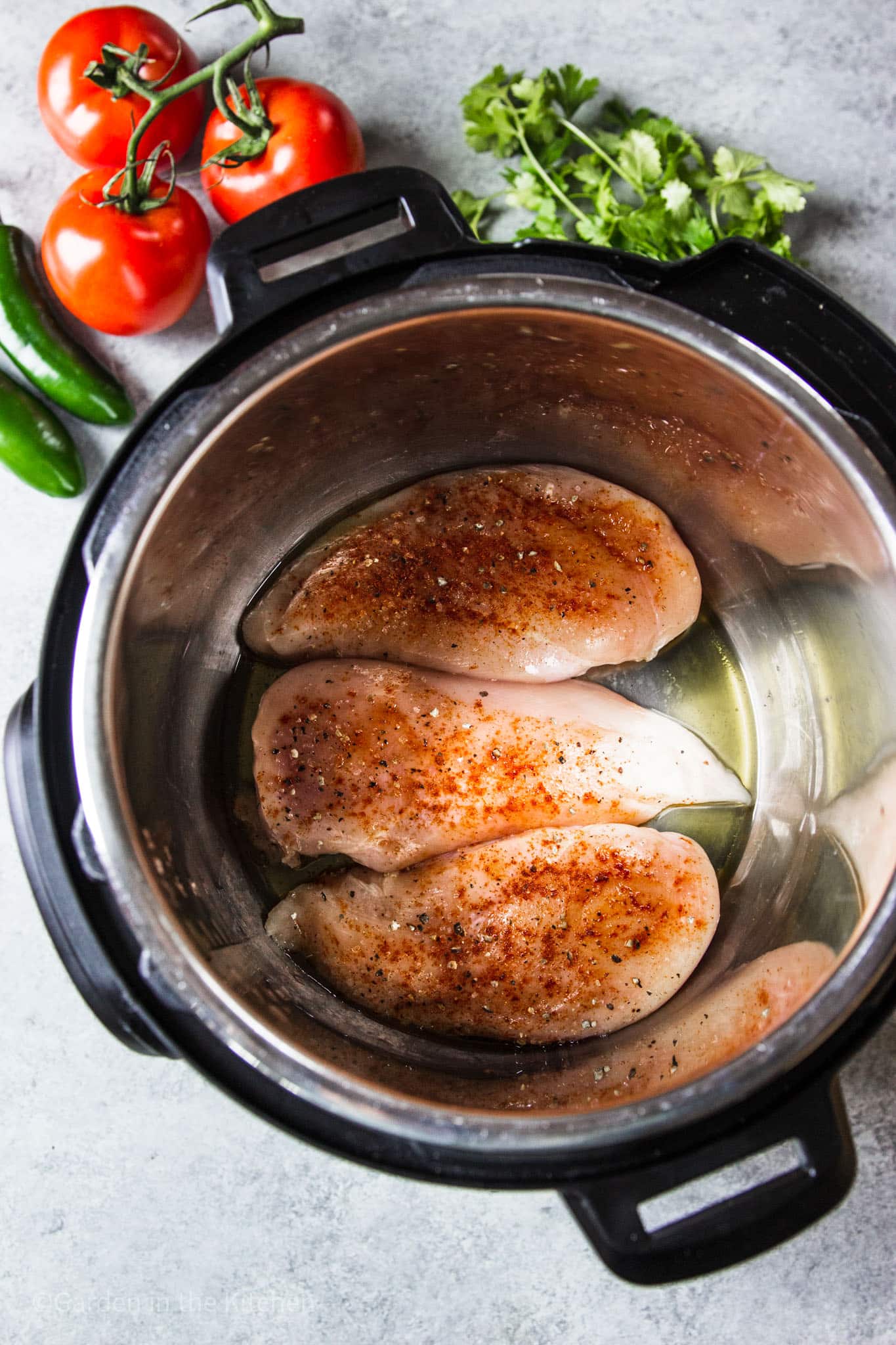 3 raw chicken breasts in an Instant Pot.