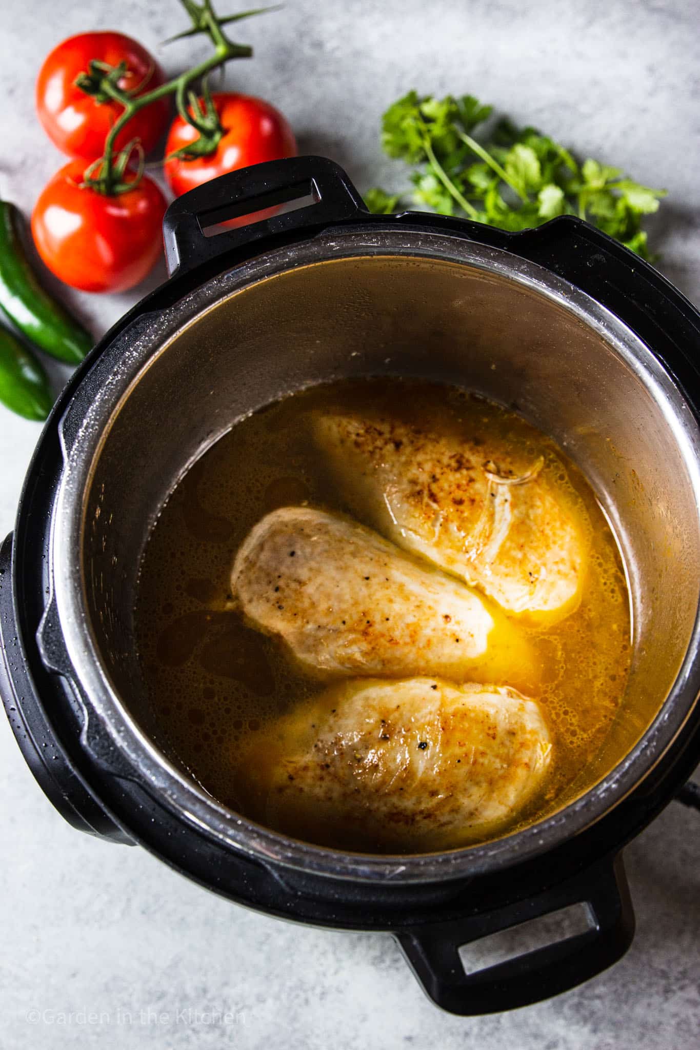 3 chicken breasts and chicken broth in an Instant Pot.