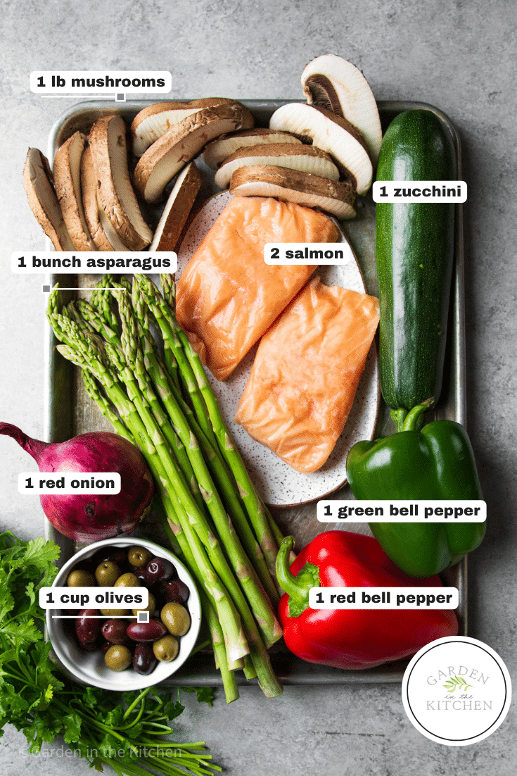 ingredients for sheet pan salmon with vegetables on a baking sheet.