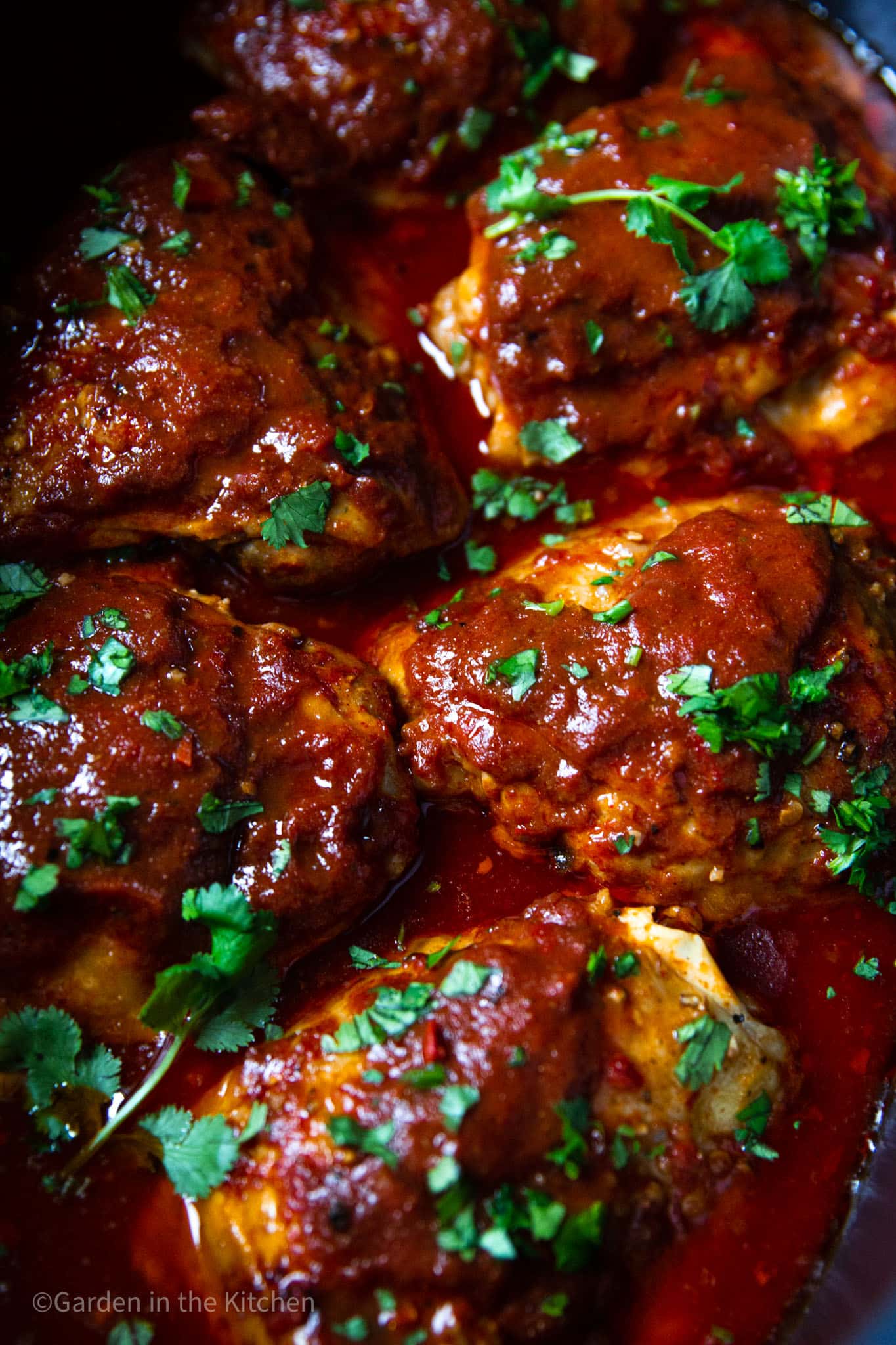 close up on bbq chicken thighs garnished with green herbs.