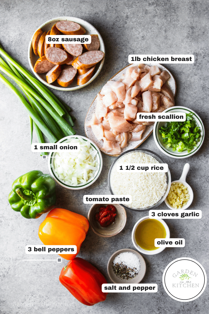 ingredients for chicken jambalaya in individual small bowls.