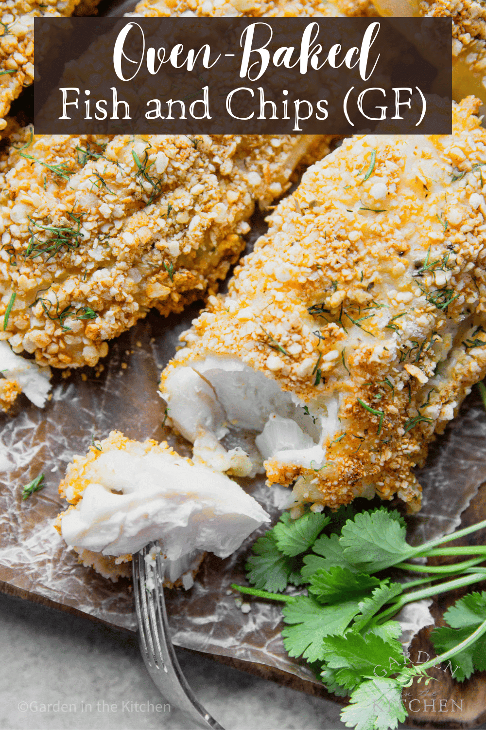 pinterest image of a fork taking a bite out of a baked, panko-coated fish filet.