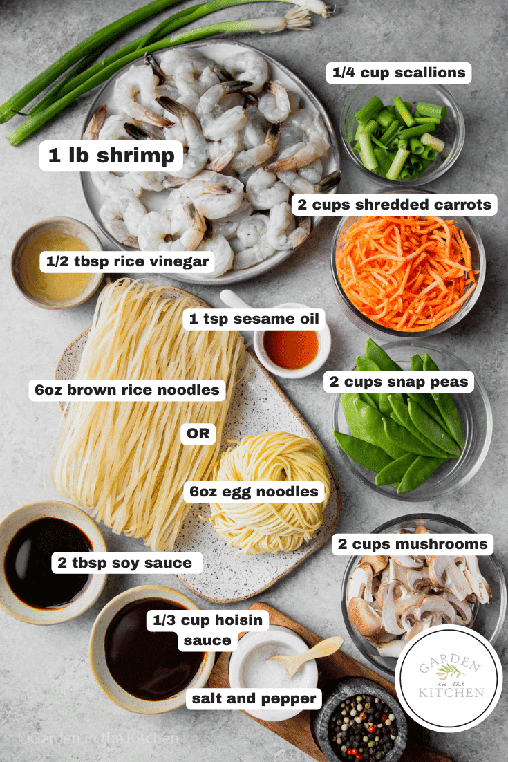 ingredients for shrimp lo mein with labels in individual bowls.
