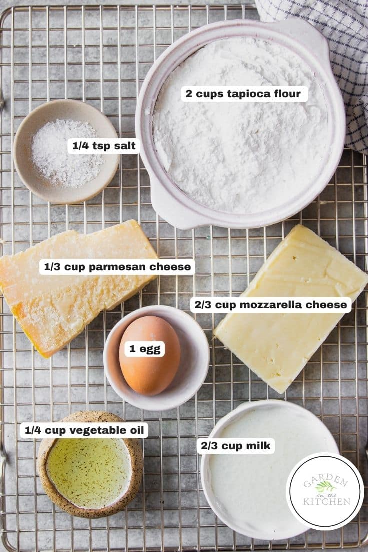 Ingredients for Brazilian cheese bread with labels.