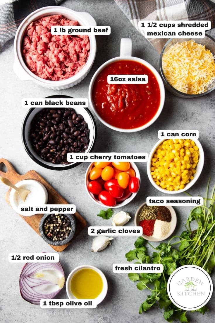 ingredients for ground beef taco dip in individual white bowls.